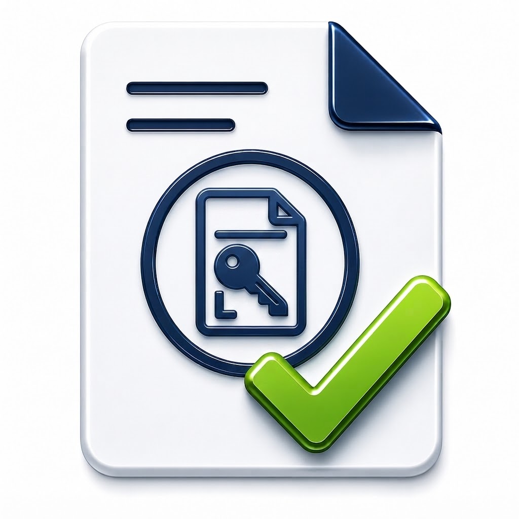 Icona per la gestione delle licenze e la migrazione di Lizenzdeals24, raffigurata da due documenti blu con una freccia dorata e una chiave, per una gestione efficiente delle licenze software.